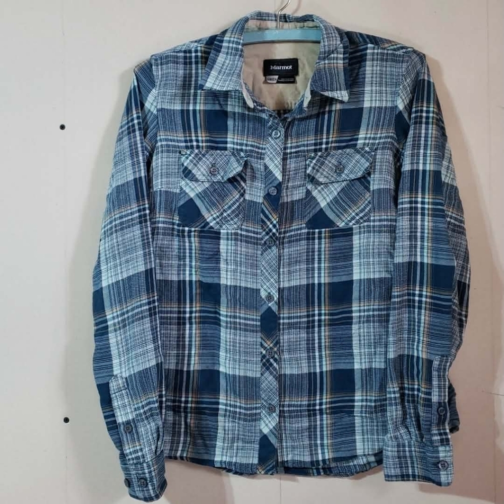 Womens Marmot Blue Plaid button up Shirt top Size Small